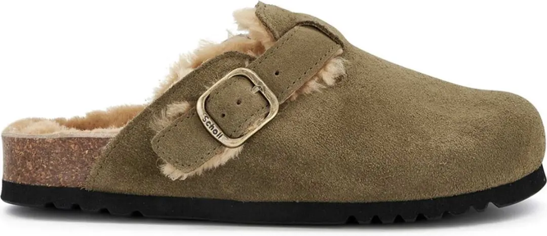 Scholl Fae New Fur Suede Clogs 42 - Khaki