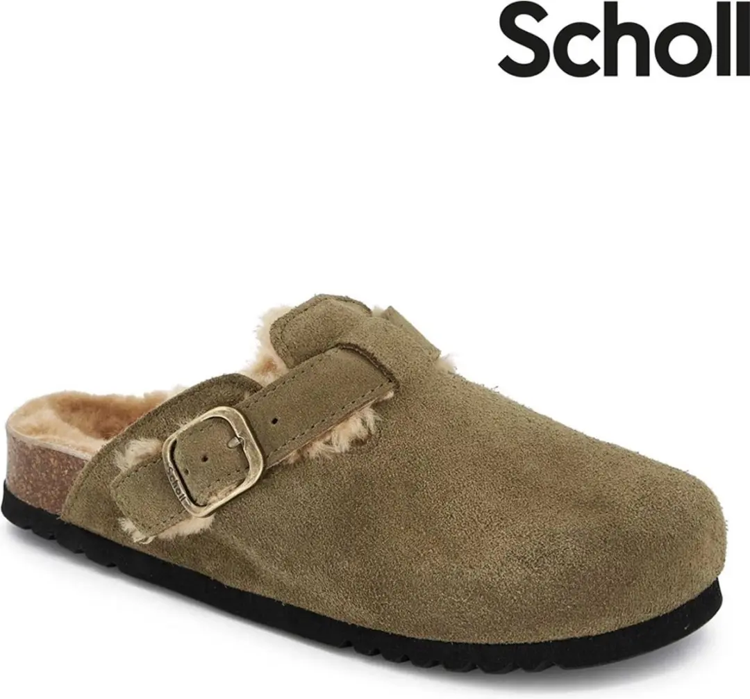 Scholl Fae New Fur Suede Clogs 42 - Khaki