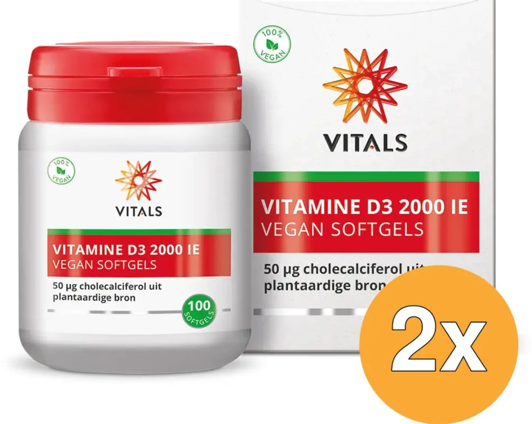 2x Vitals Vitamine D3 2000 ie Vegan (100 softgels