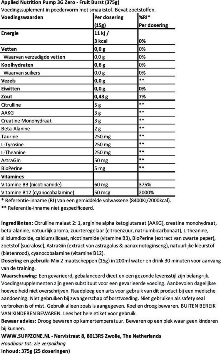 Applied Nutrition Pump 3G ZERO STIM Pre-Workout Icy Blue Raz 375g
