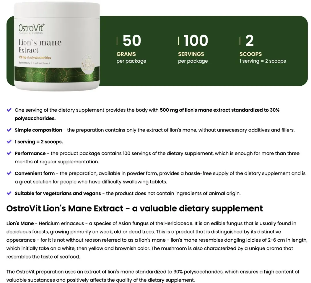 OstroVit Lion's Mane Extract 50g - 1000mg