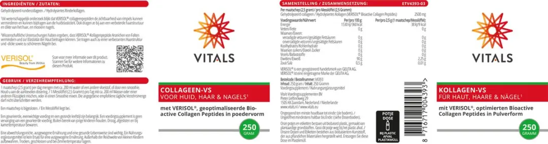 Vitals Collageen-VS 250g Poeder - Met VERISOL Bioactive Collagen Peptides