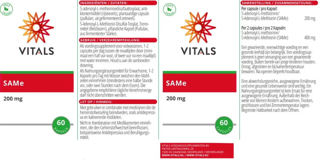 Vitals SAMe 200mg - 60 Plantaardige Capsules