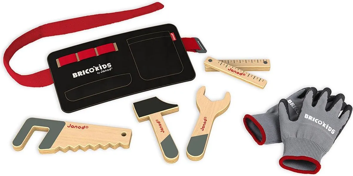 Janod Brico'kids DIY Gereedschapsriem - Houten gereedschap & handschoenen - 4-delig