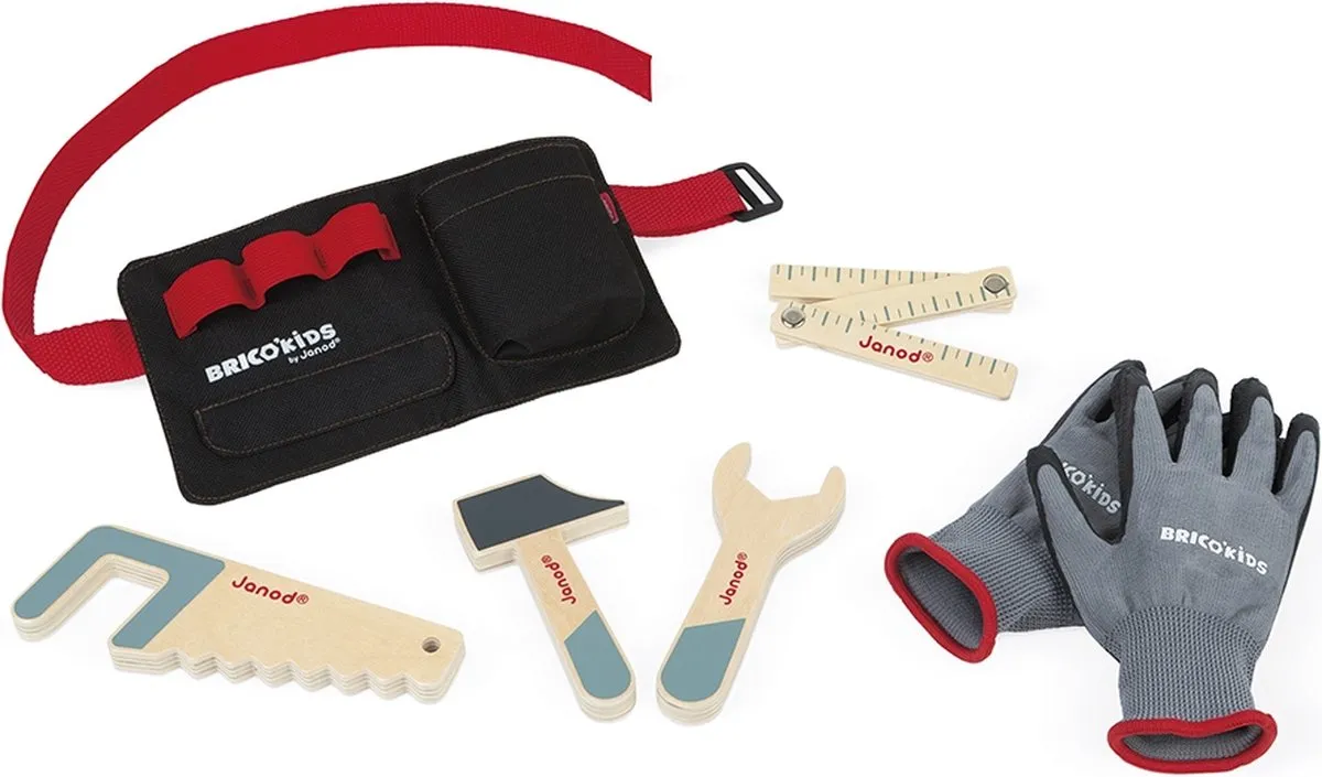 Janod Brico'kids DIY Gereedschapsriem - Houten gereedschap & handschoenen - 4-delig