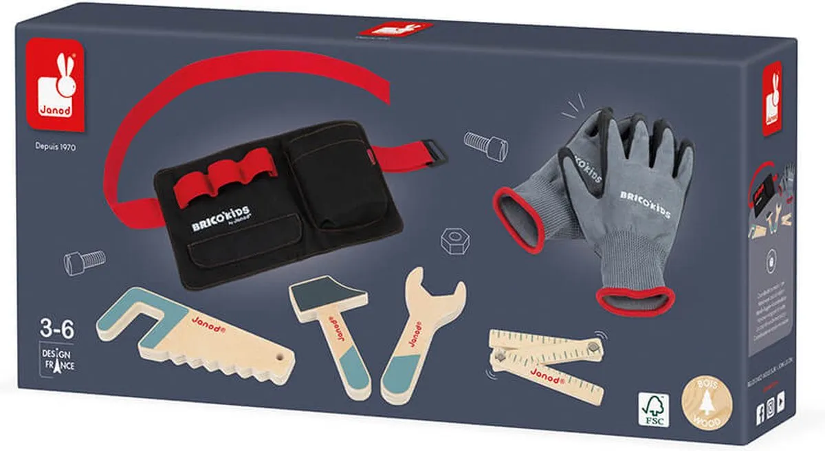 Janod Brico'kids DIY Gereedschapsriem - Houten gereedschap & handschoenen - 4-delig
