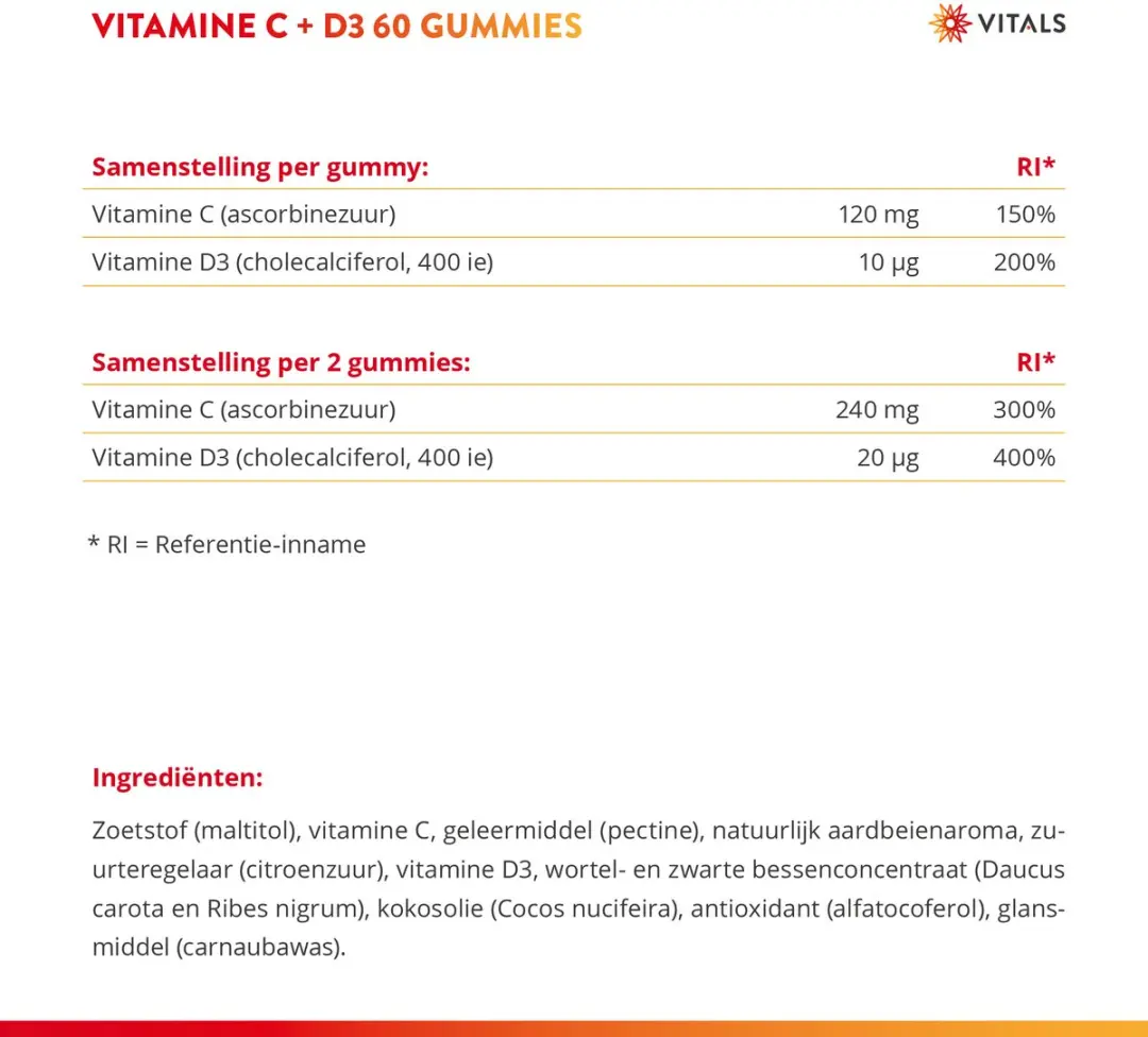Vitals Vitamine C+D3 Gummies 180g - 60 Stuks