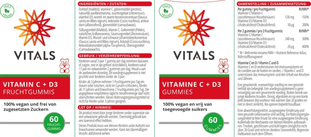 Vitals Vitamine C+D3 Gummies 180g - 60 Stuks