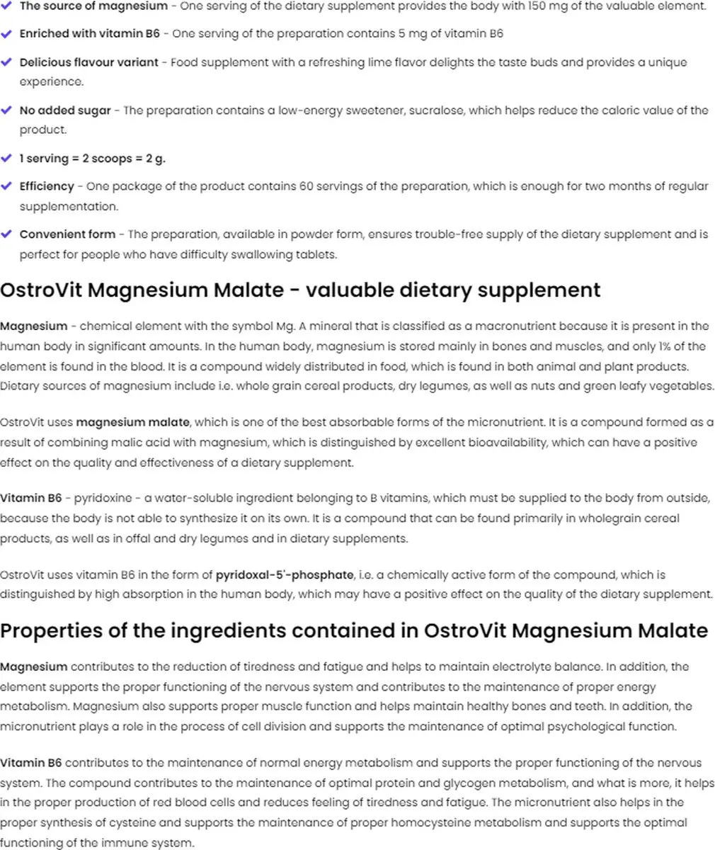 OstroVit Magnesium Malate Poeder 120g - Limoen