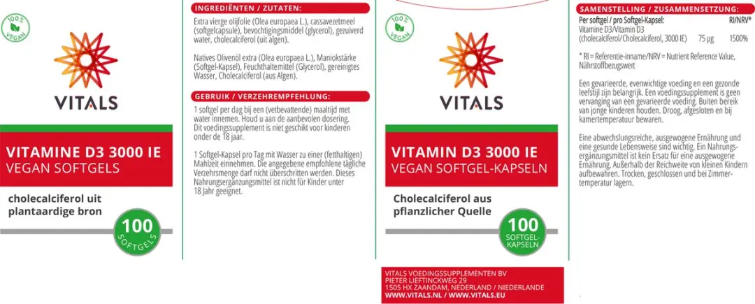 Vitals Vitamine D3 3000 IE 100 Vegan Softgels