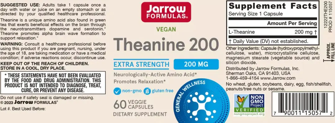 Jarrow Formulas Theanine 200mg Capsules - 60 Stuks