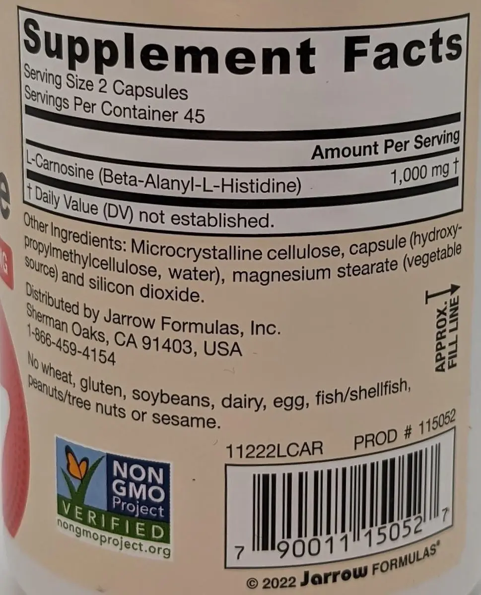 Jarrow Formulas Carnosine 90 Capsules - 500mg