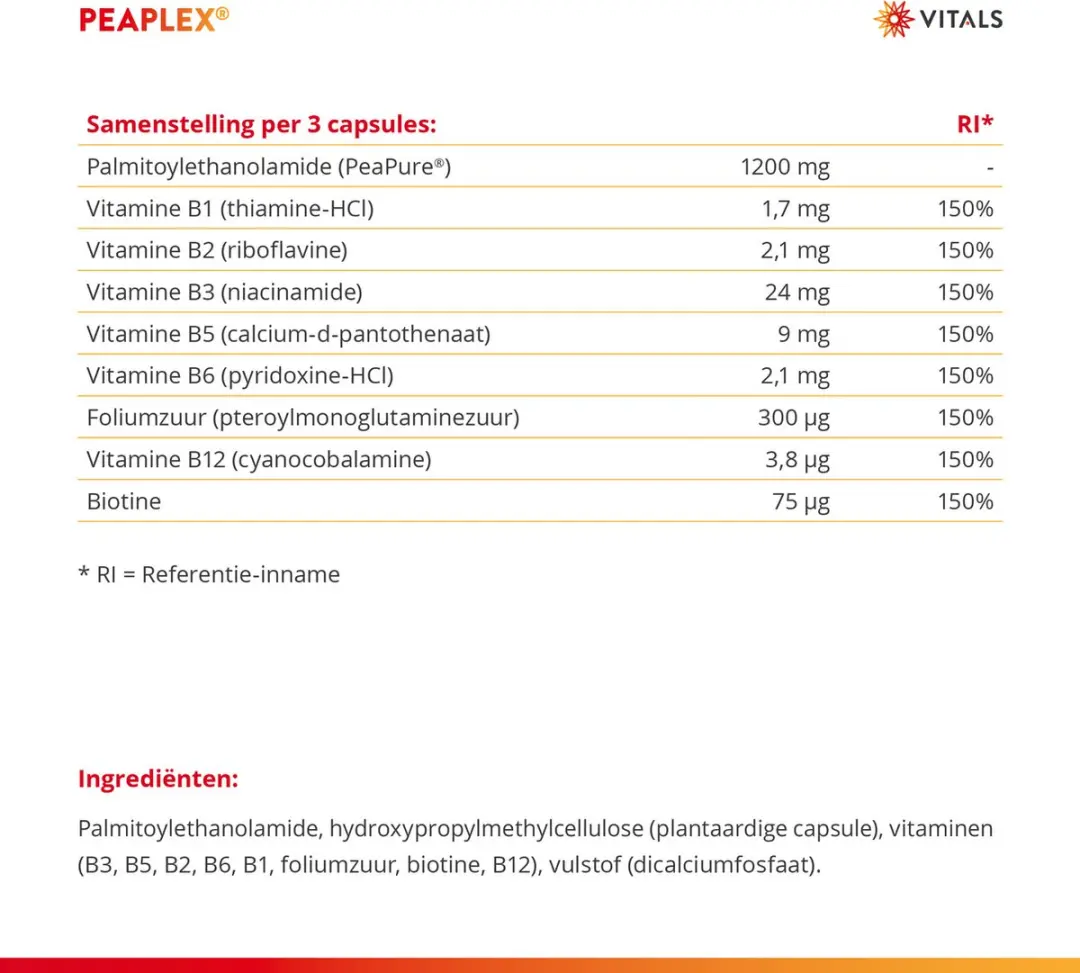 Vitals Peaplex 400mg - 90 Capsules - PEA + B-Vitaminen