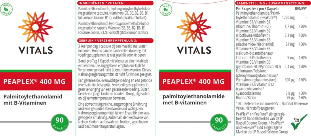 Vitals Peaplex 400mg - 90 Capsules - PEA + B-Vitaminen