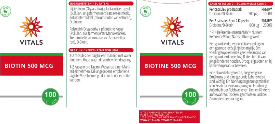 Vitals Biotine 500 mcg Capsules - 100 Stuks