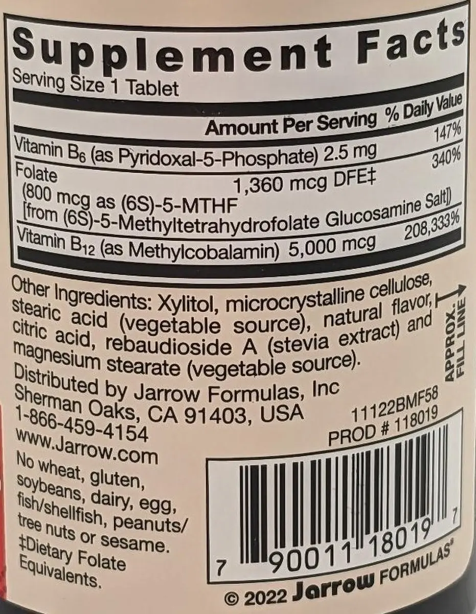 Jarrow Formulas B-Methyl 5mg & Folate 800mcg Zuigtabletten - 60 Stuks