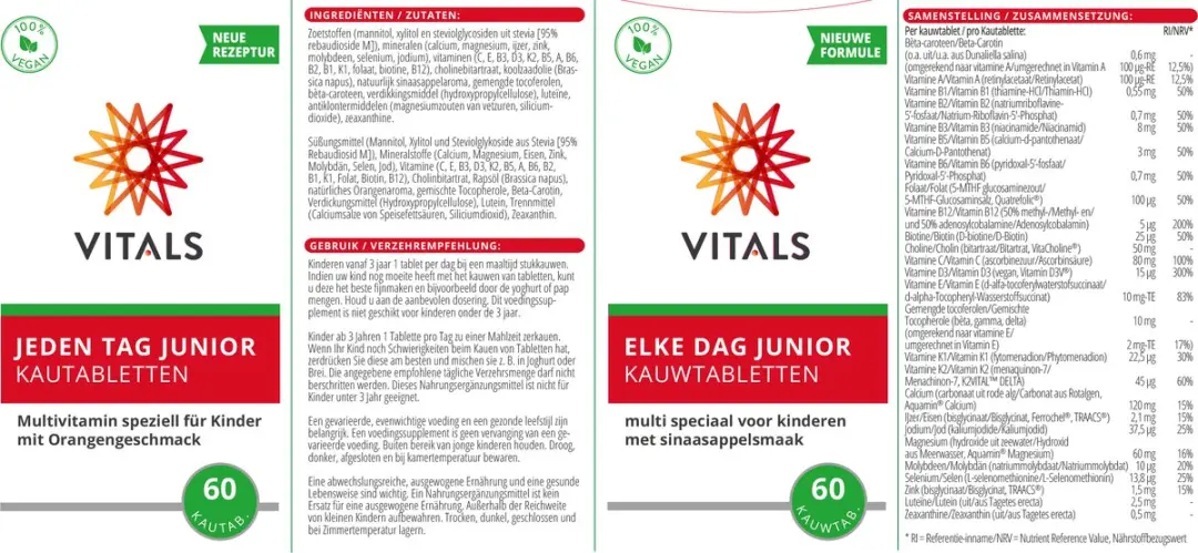 Vitals Elke Dag Junior Multivitamine - 60 Kauwtabletten Sinaasappel