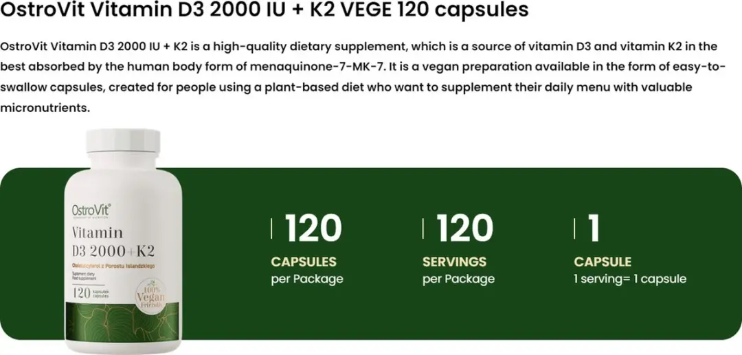 OstroVit Vitamine D3 2000 + K2 VEGE 120 Capsules