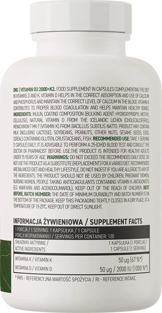 OstroVit Vitamine D3 2000 + K2 VEGE 120 Capsules