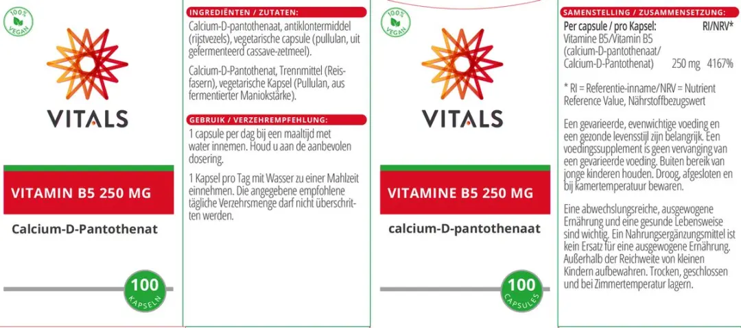 Vitals Vitamine B5 250mg - 100 Capsules