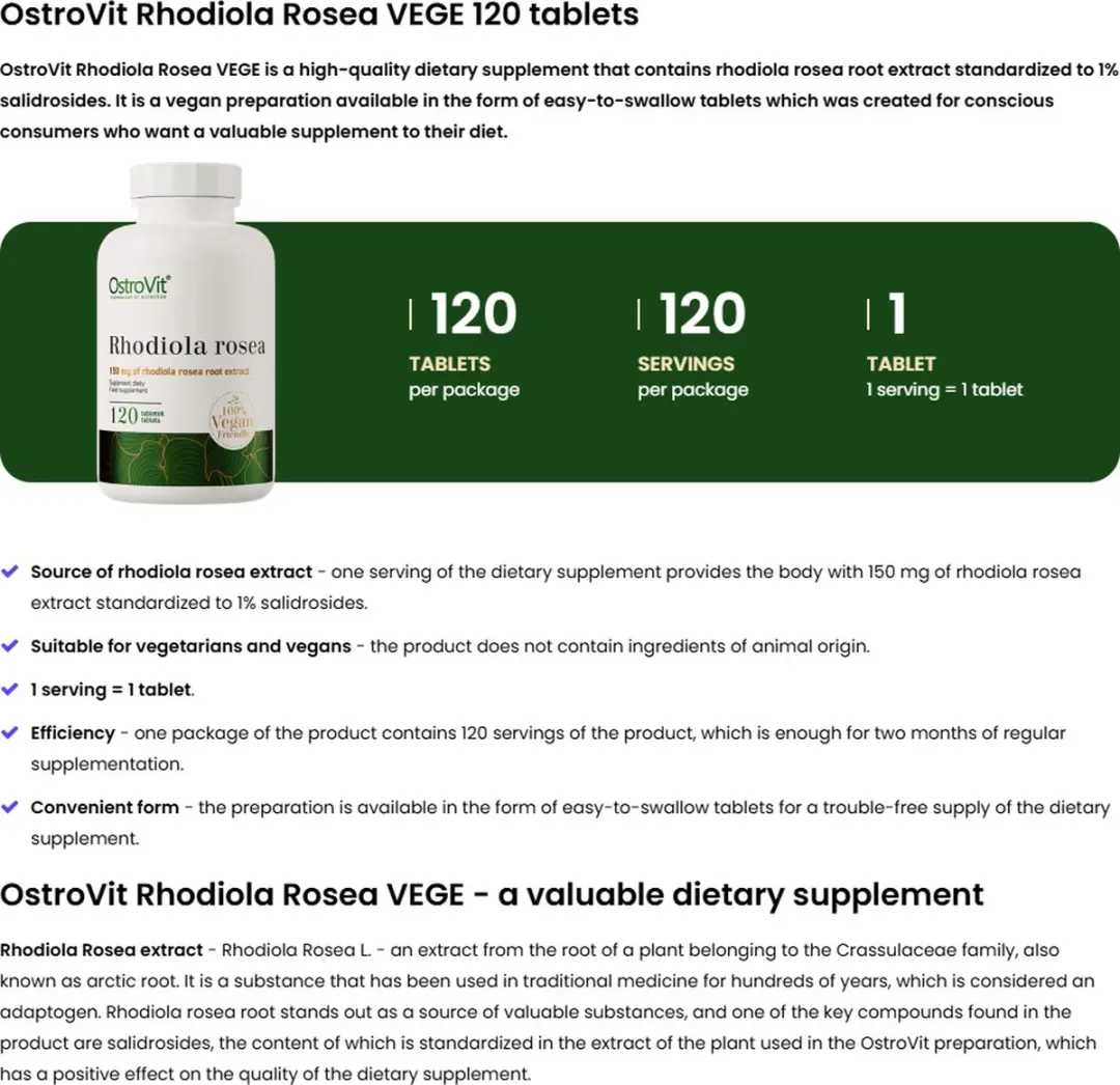 OstroVit Rhodiola Rosea Extract 120 Tabletten - 57g