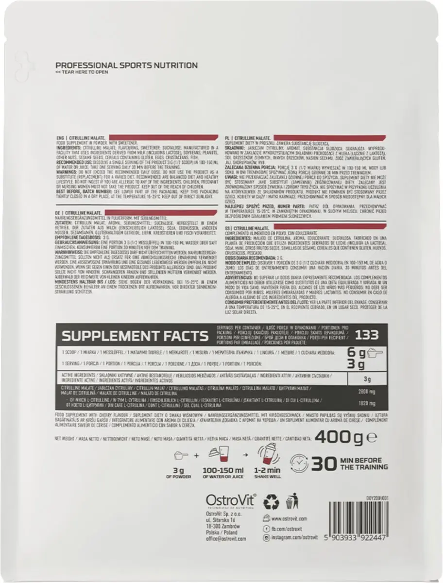 OstroVit Citrulline Malate Kers 400g - 133 Porties