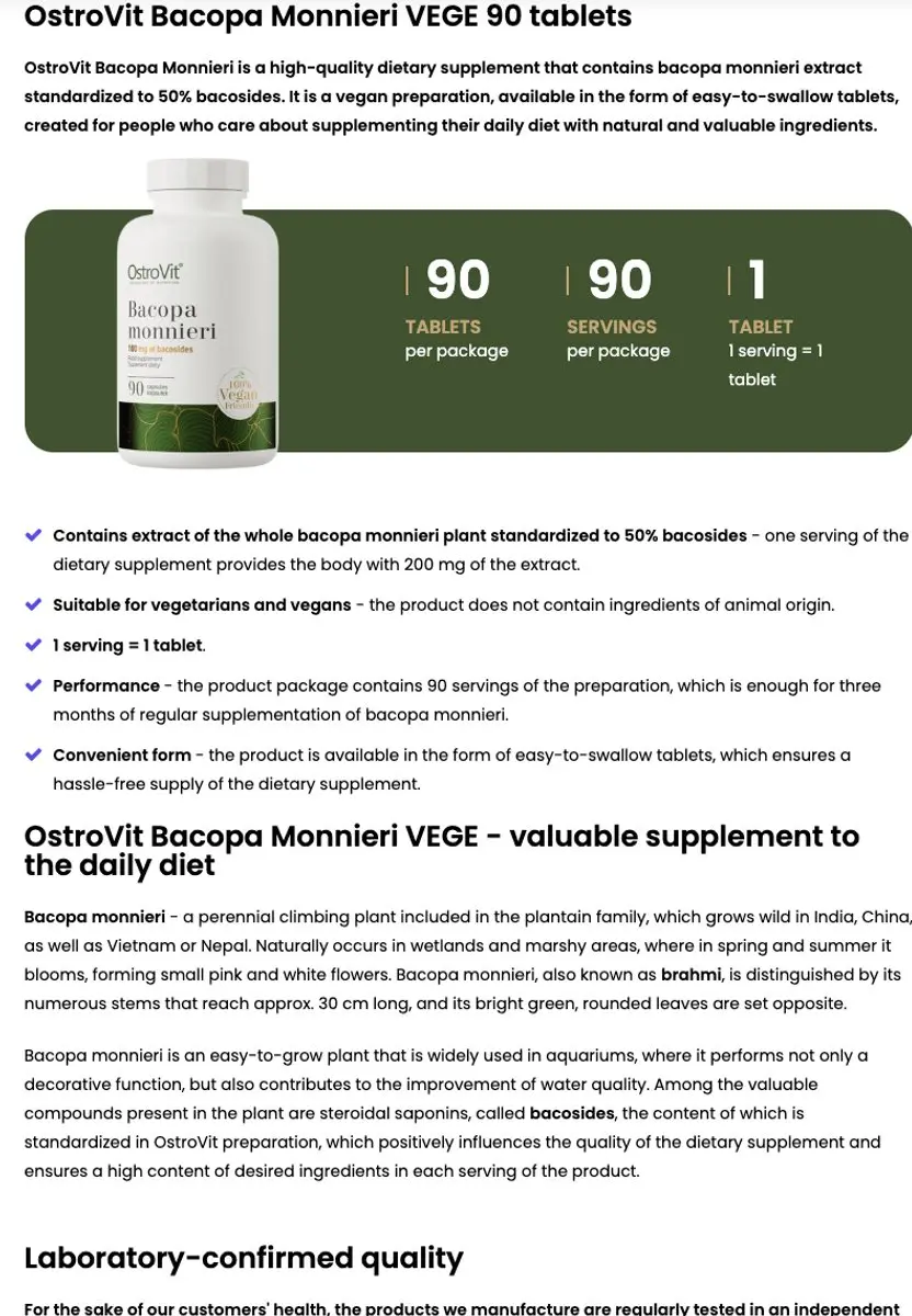 OstroVit Bacopa Monnieri VEGE 90 Capsules - 43g
