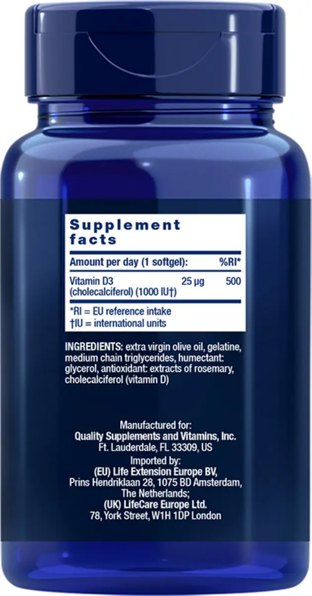 Life Extension Vitamine D3 1000 IU - 250 Capsules