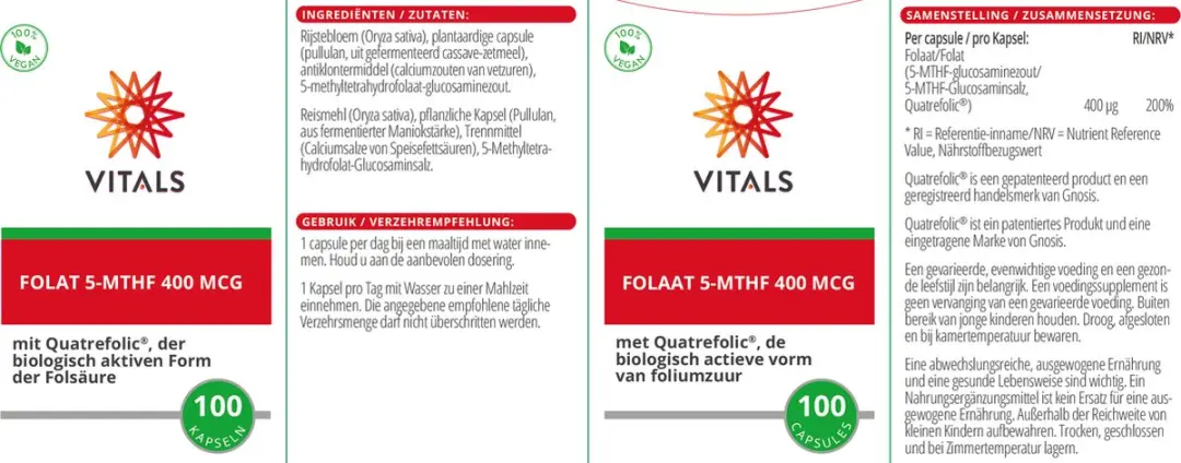 Vitals Folaat 5-MTHF 400mcg Quatrefolic 100 Capsules