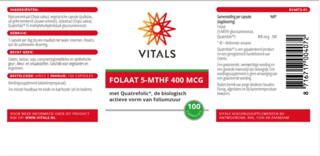 Vitals Folaat 5-MTHF 400mcg Quatrefolic 100 Capsules