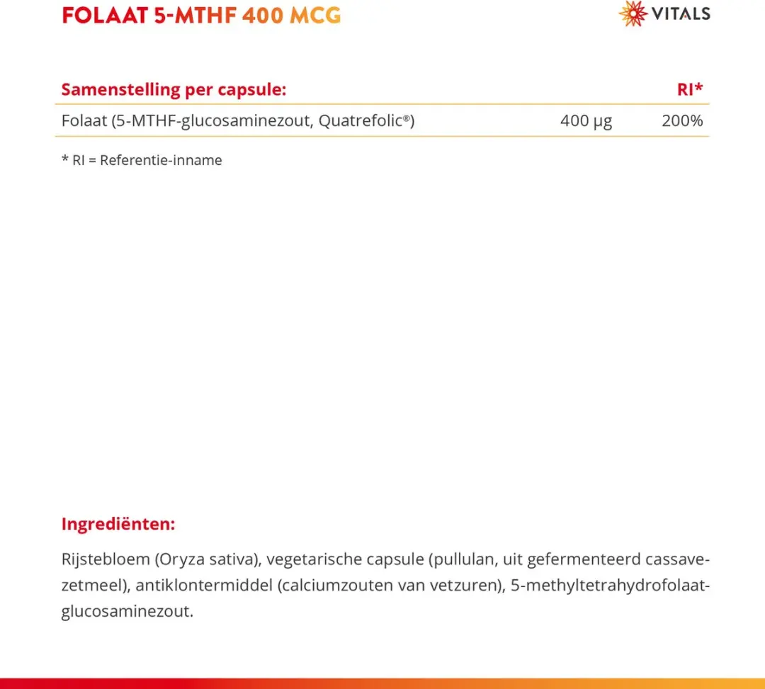 Vitals Folaat 5-MTHF 400mcg Quatrefolic 100 Capsules