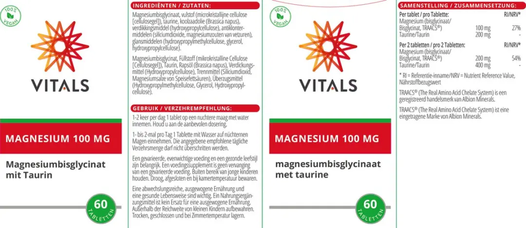 Vitals Magnesium Bisglycinaat 100mg - 60 Tabletten