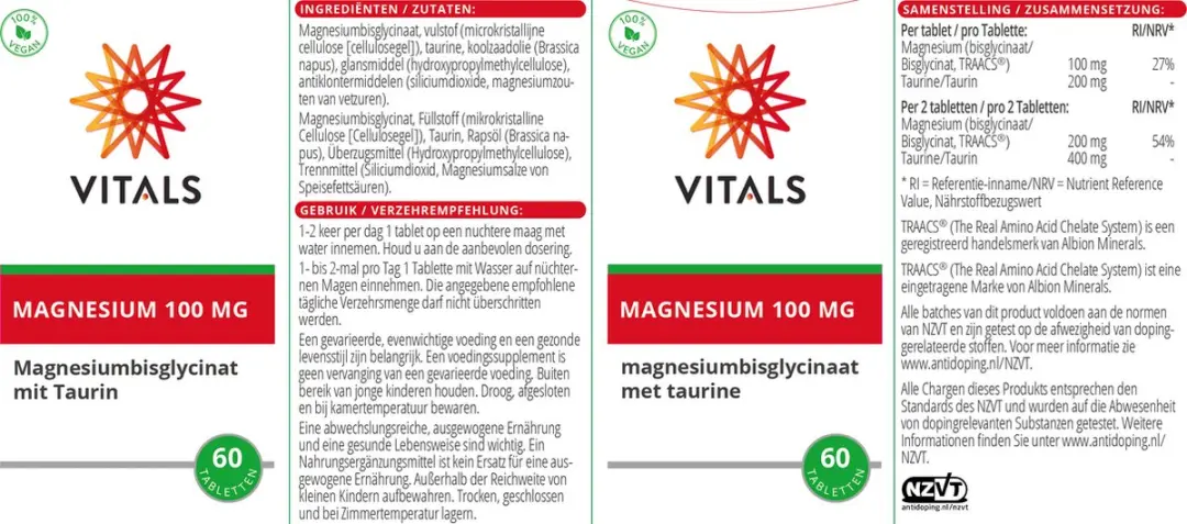Vitals Magnesium Bisglycinaat 100mg - 60 Tabletten