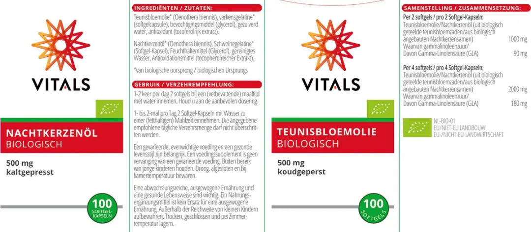 Vitals Teunisbloemolie Biologisch 100 Softgels - 500mg