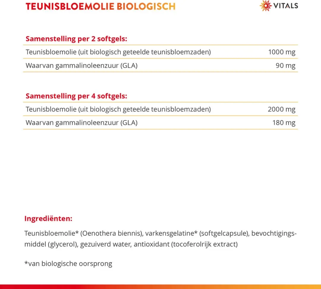Vitals Teunisbloemolie Biologisch 100 Softgels - 500mg