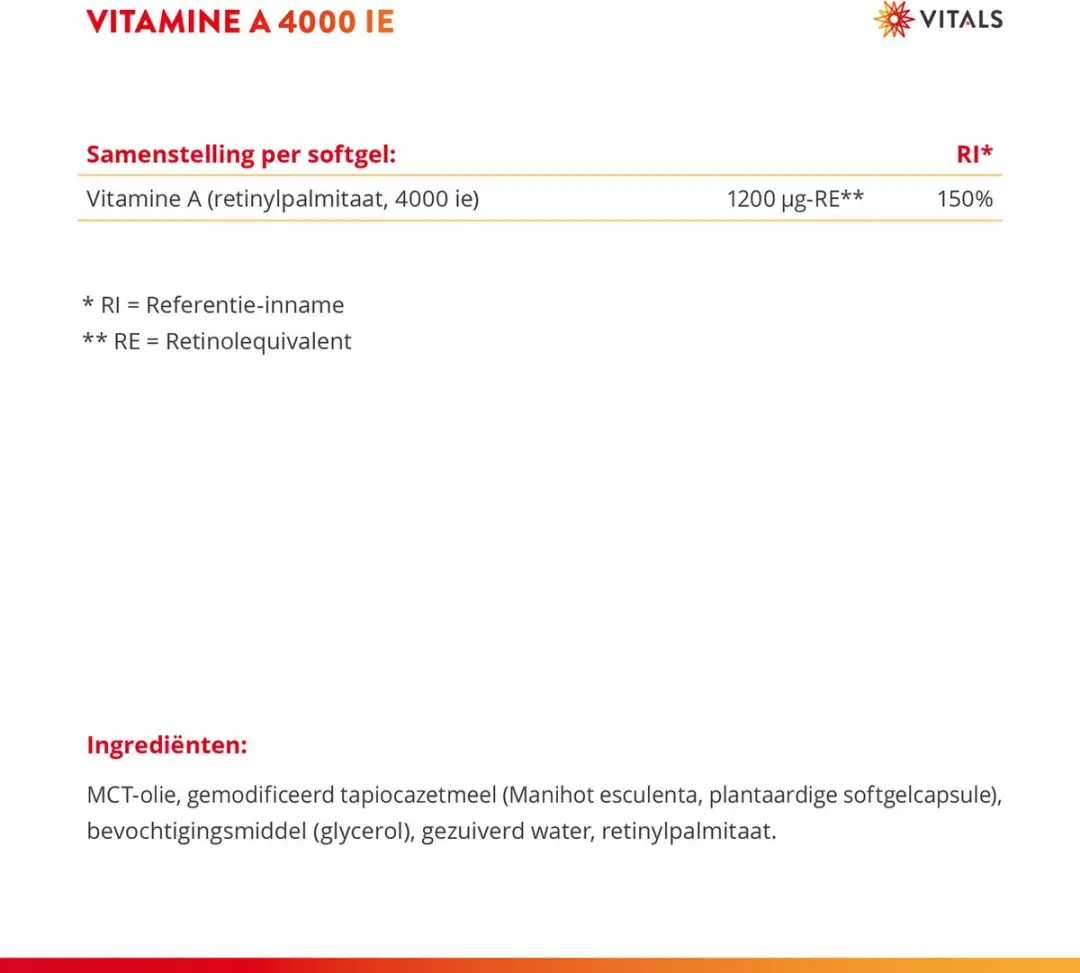Vitals Vitamine A 4000 IE Softgels - 100 Stuks