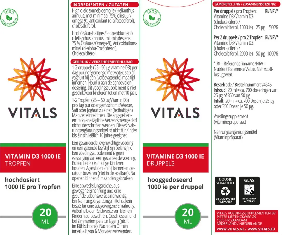Vitals Vitamine D3 Druppels 1000 IE - 700 Druppels - 20ml