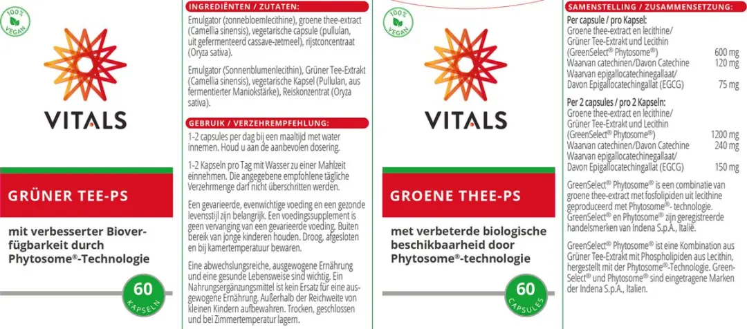 Vitals Groene Thee-PS Capsules 60 Stuks - Cafeïnevrij
