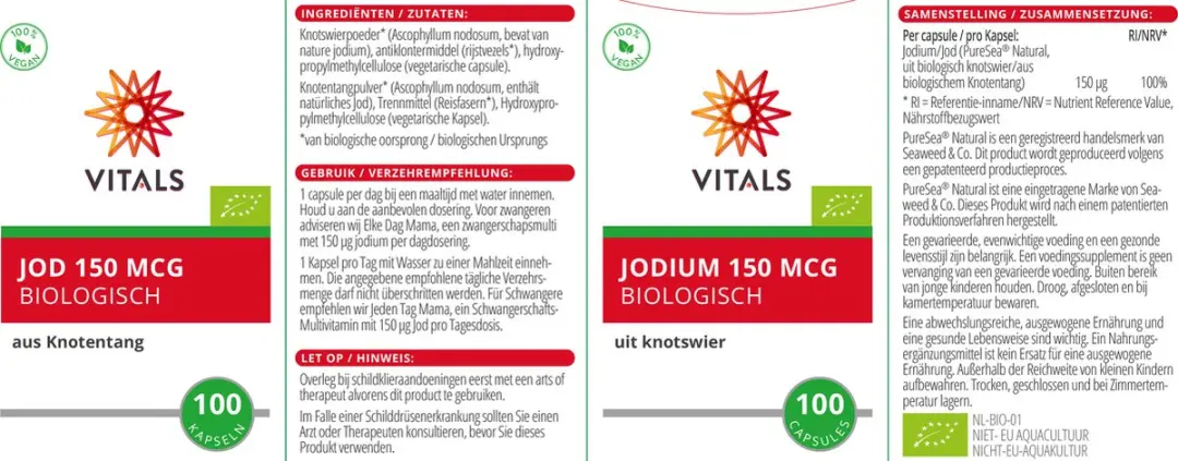 Vitals Jodium Biologisch 150mcg - 100 Capsules - uit Knotswier