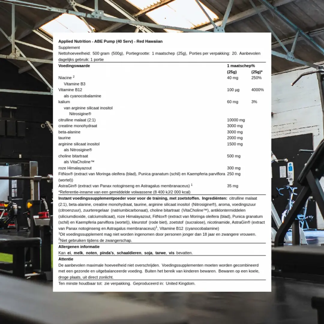 Applied Nutrition ABE Pump Zero Stim Pre-Workout 500g - 40 Doses - Rode Hawaï
