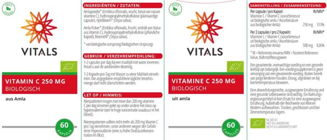 Vitals Vitamine C Biologisch 250mg - 60 Capsules