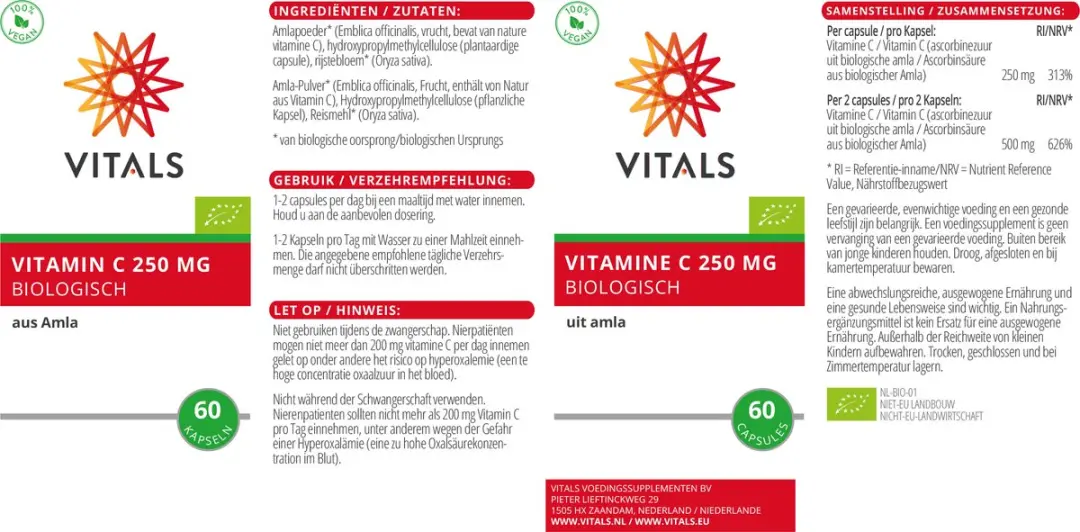 Vitals Vitamine C Biologisch 250mg - 60 Capsules
