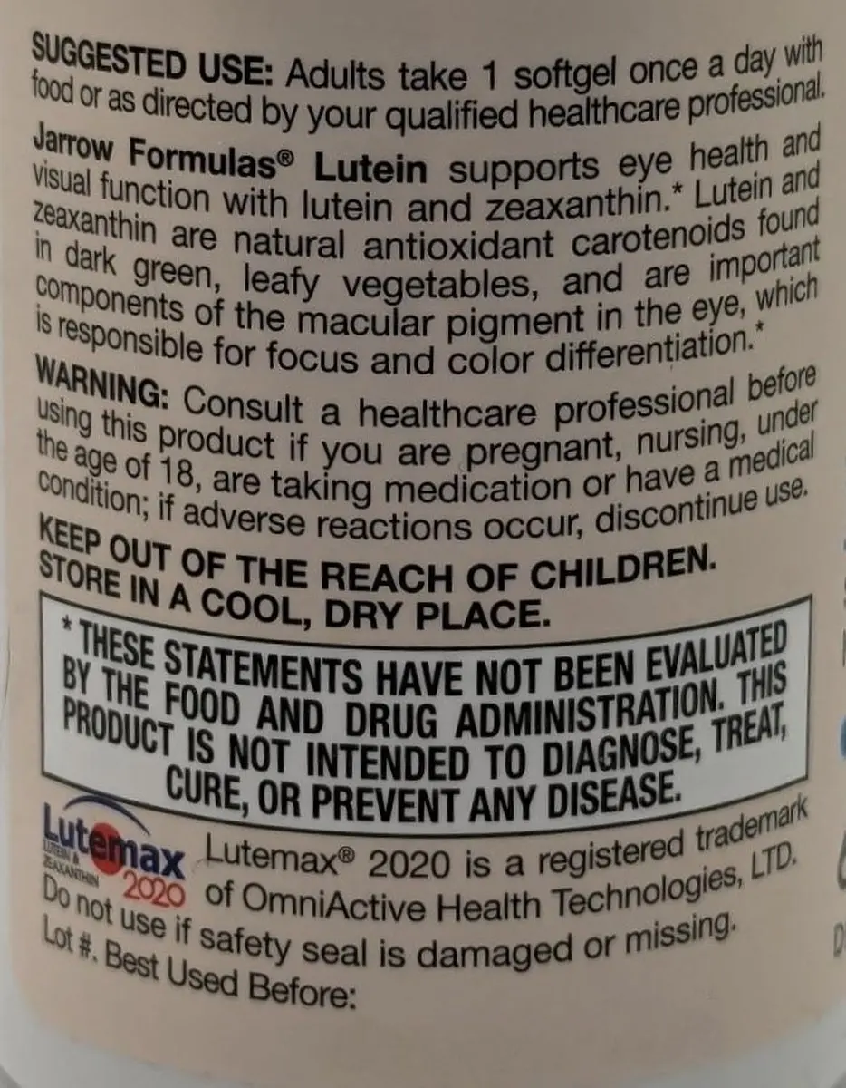 Jarrow Formulas Lutein 20mg 60 Softgels
