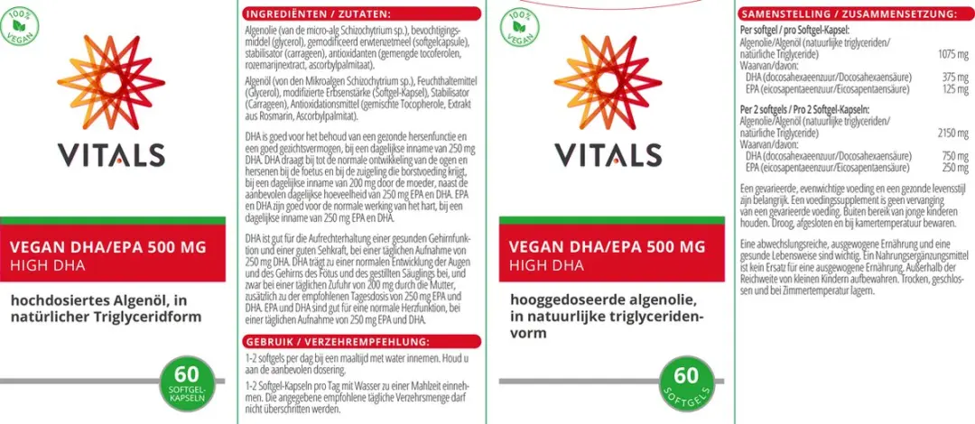 Vitals Vegan DHA/EPA 450mg Algenolie - 60 Softgels