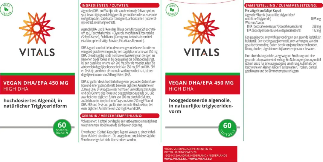 Vitals Vegan DHA/EPA 450mg Algenolie - 60 Softgels