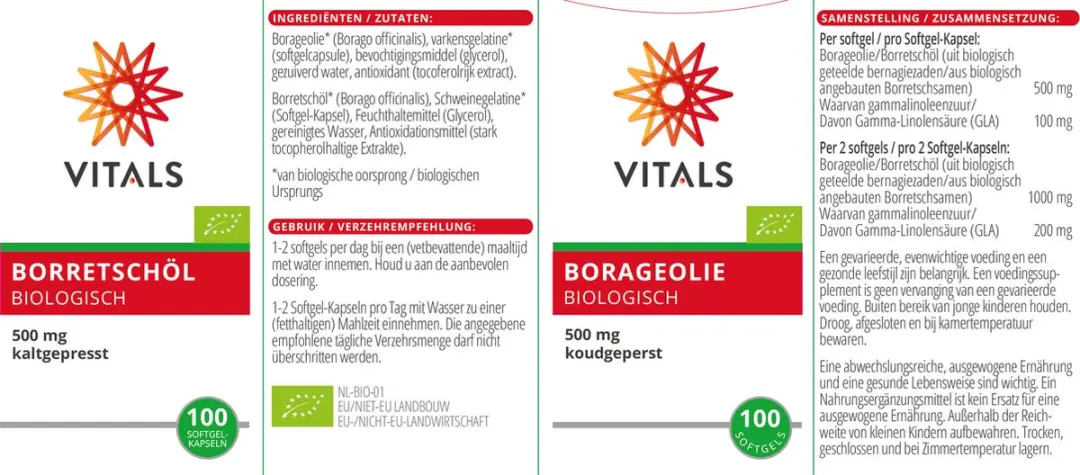 Vitals Borageolie Biologisch 500mg - 100 Softgels