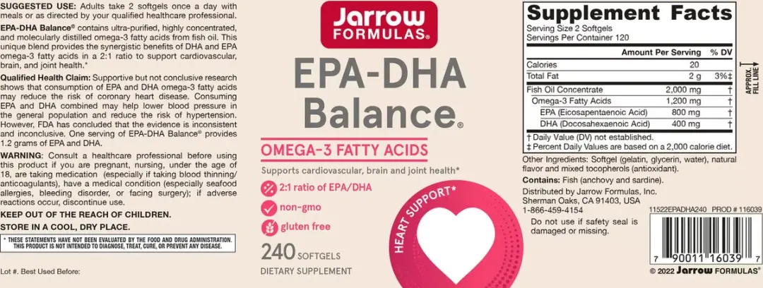 Jarrow Formulas EPA-DHA Premium Balance Visolie 1000mg - 240 Softgels
