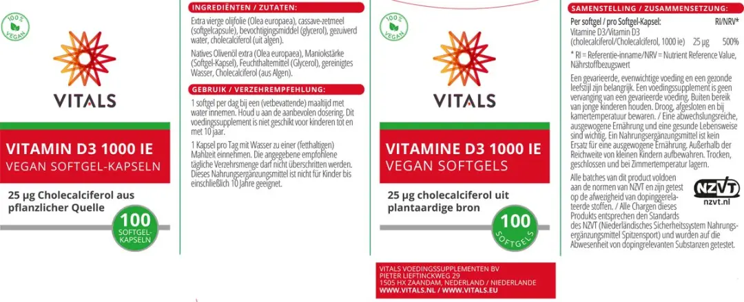 Vitals Vitamine D3 1000 IE 100 Softgels - Plantaardig