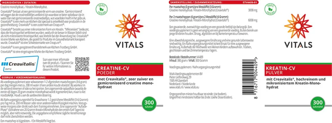 Vitals Creatine-CV 300g Poeder - Zuiver Monohydraat