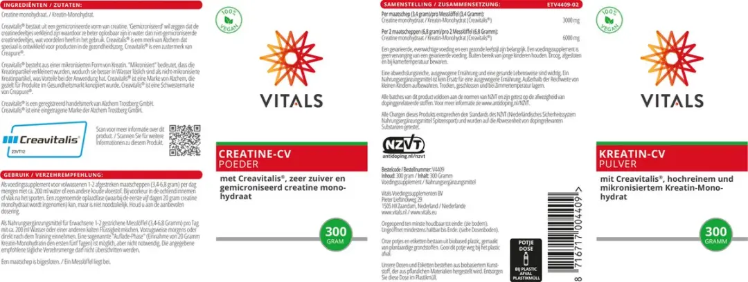 Vitals Creatine-CV 300g Poeder - Zuiver Monohydraat